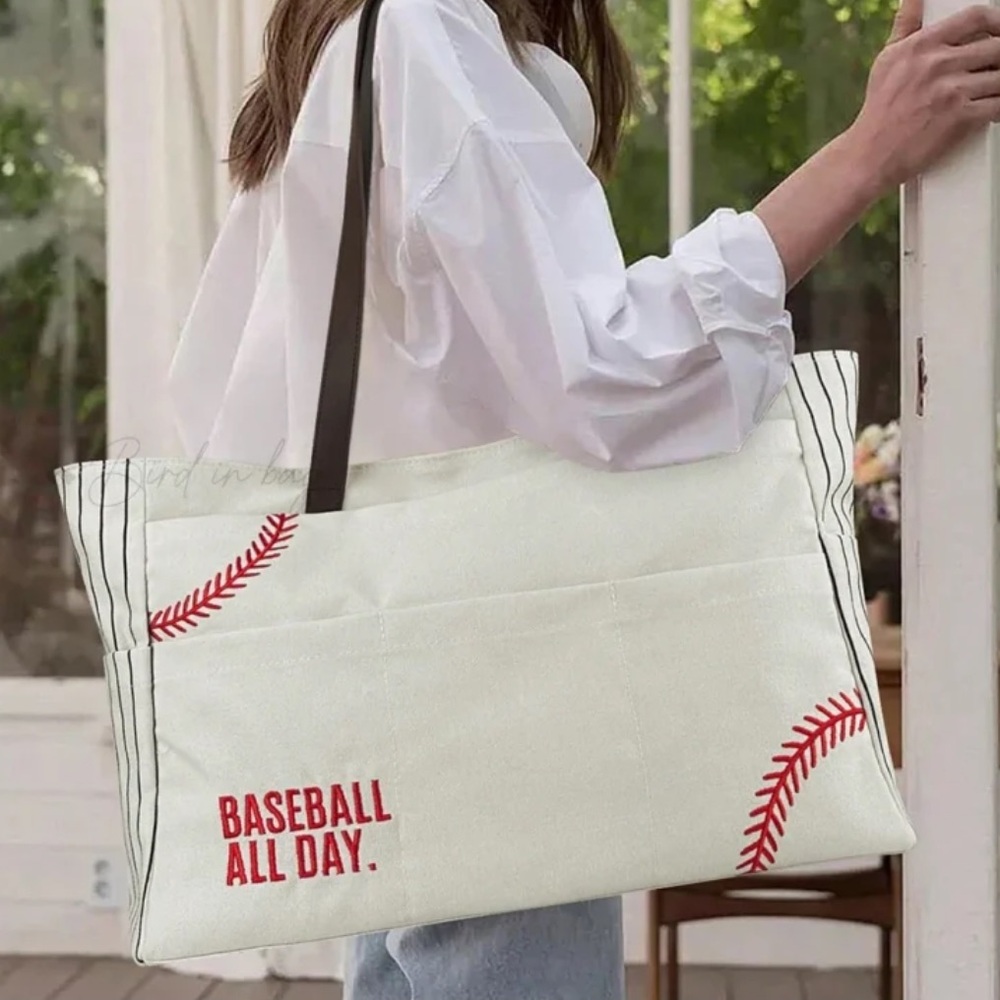 Baseball All Day Oversized Canvas Sports Tote Bag Brown Handles 18X12” Utility